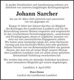 Traueranzeige Johann Sarcher