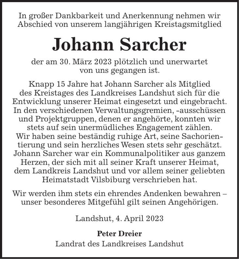 Traueranzeige Johann Sarcher