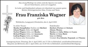 Traueranzeige Franziska Wagner
