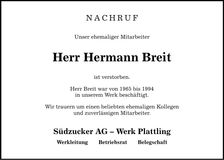 Traueranzeige Hermann Breit