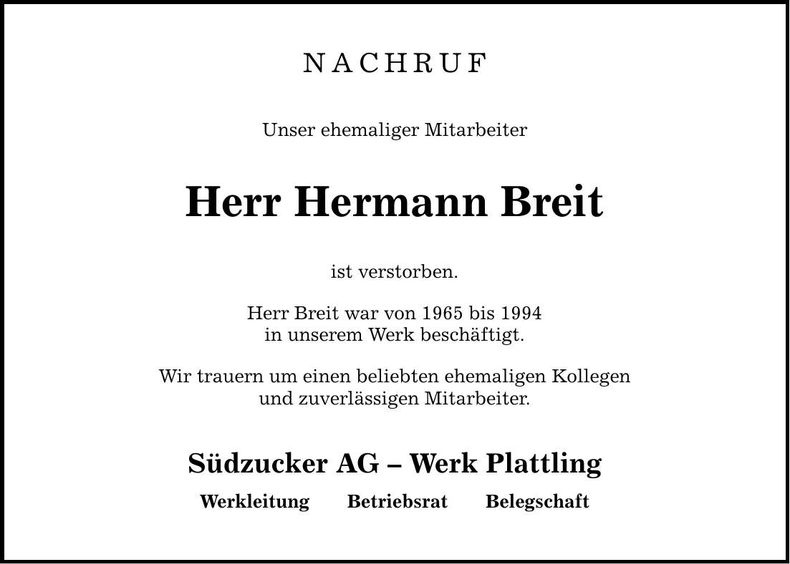 Traueranzeige Hermann Breit