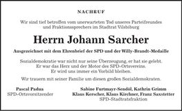 Traueranzeige Johann Sarcher