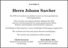 Traueranzeige Johann Sarcher
