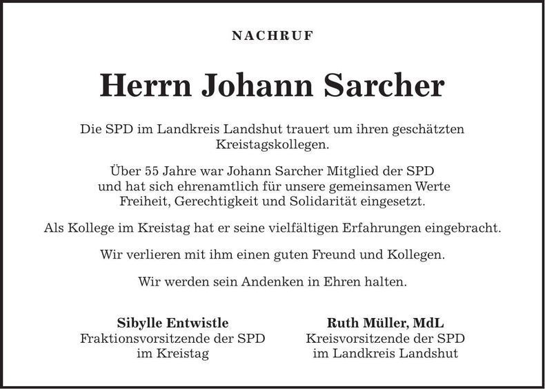 Traueranzeige Johann Sarcher