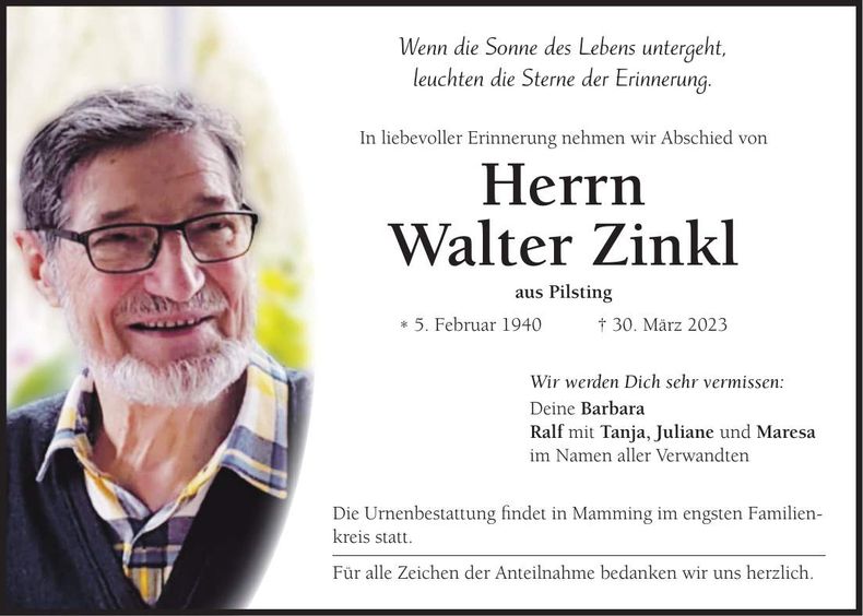 Traueranzeige Walter Zinkl