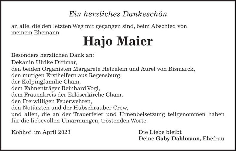 Traueranzeige Hajo Maier