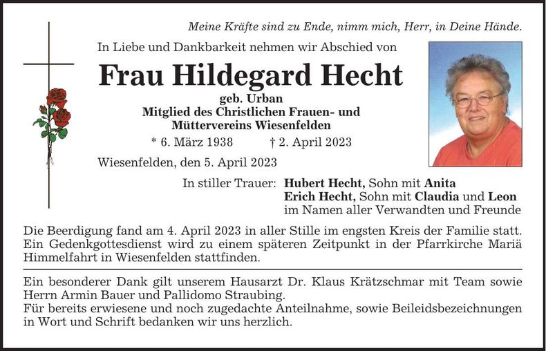 Traueranzeige Hildegard Hecht