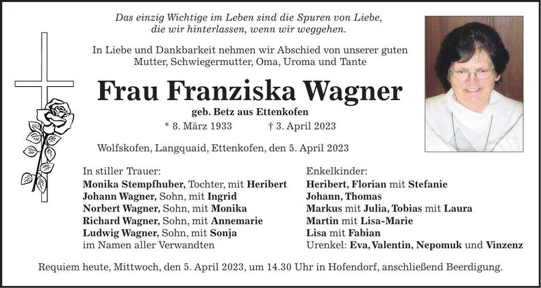 Traueranzeige Franziska Wagner
