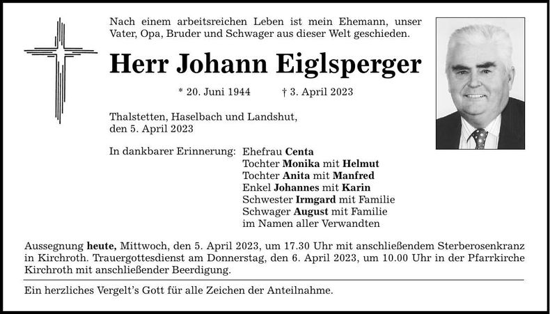 Traueranzeige Johann Eiglsperger