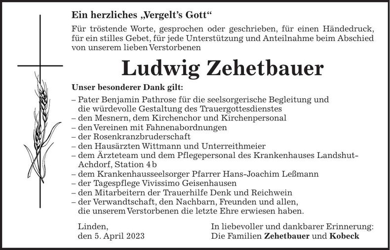 Traueranzeige Ludwig Zehtbauer