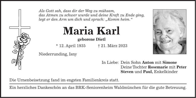 Traueranzeige Maria Karl
