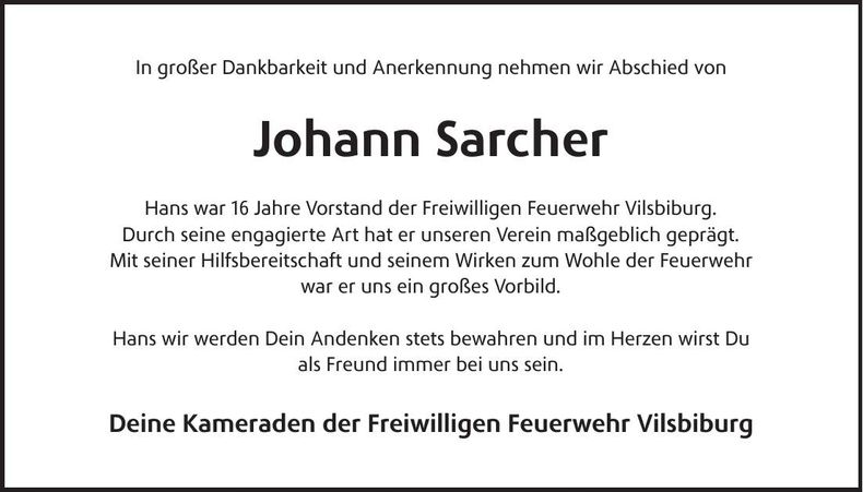 Traueranzeige Johann Sarcher