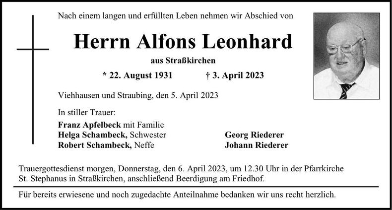 Traueranzeige Alfons Leonhard