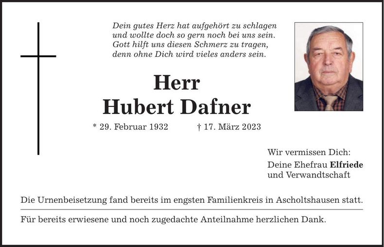 Traueranzeige Hubert Dafner