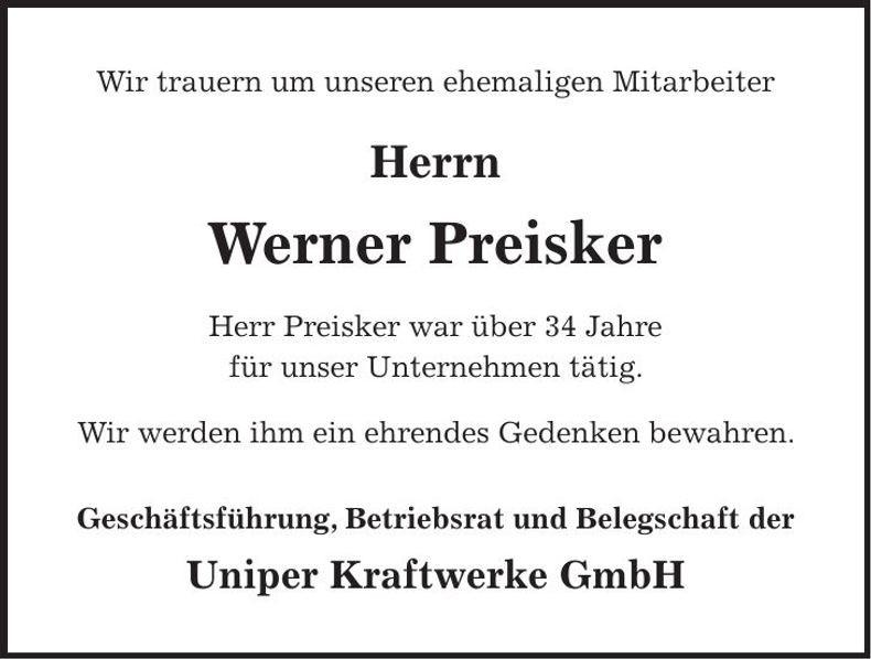 Traueranzeige Werner Preisker