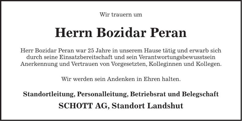 Traueranzeige Bozidar Peran