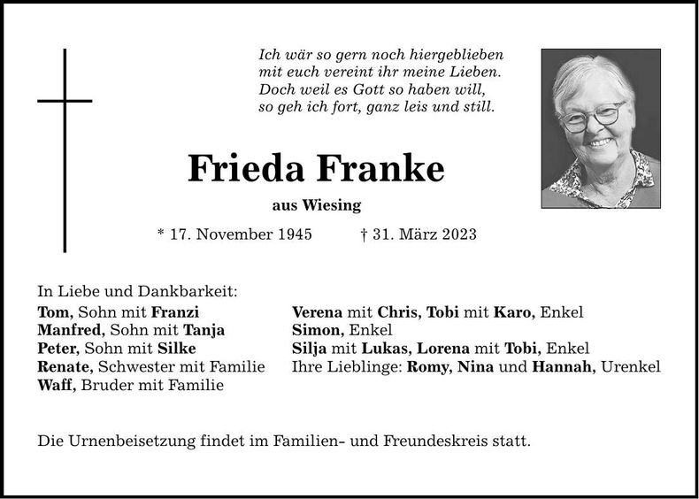 Traueranzeige Frieda Franke