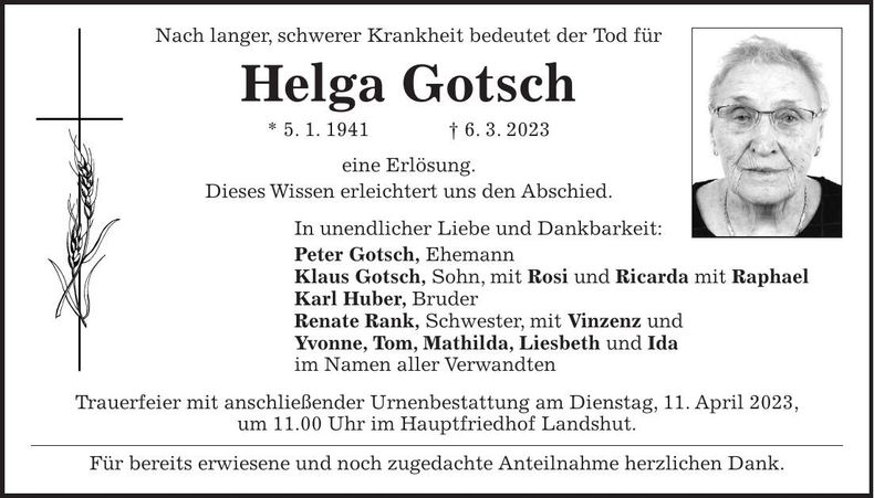 Traueranzeige Helga Gotsch