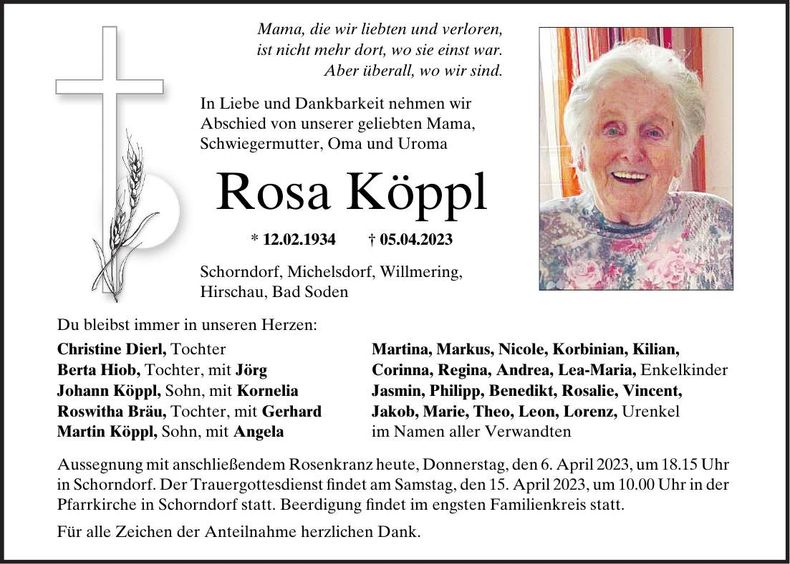 Traueranzeige Rosa Köppl