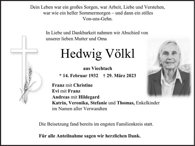 Traueranzeige Hedwig Völkl