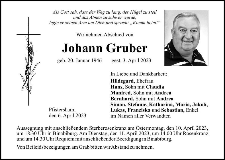 Traueranzeige Johann Gruber