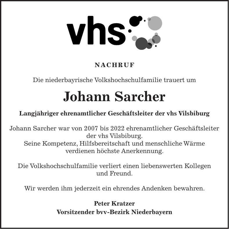 Traueranzeige Johann Sarcher