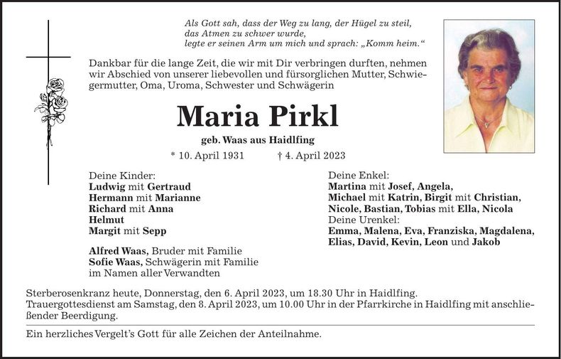 Traueranzeige Maria Pirkl