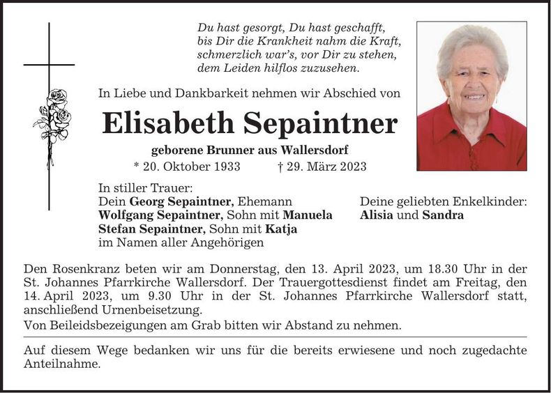 Traueranzeige Elisabeth Sepaintner