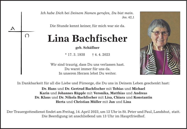 Traueranzeige Lina Bachfischer