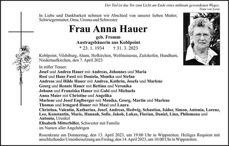 Traueranzeige Anna Hauer