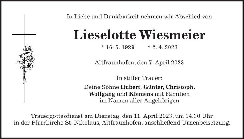 Traueranzeige Lieselotte Wiesmeier