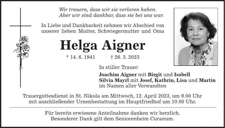 Traueranzeige Helga Aigner