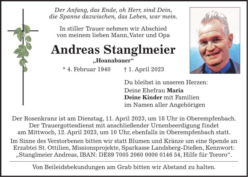 Traueranzeige Andreas Stanglmeier