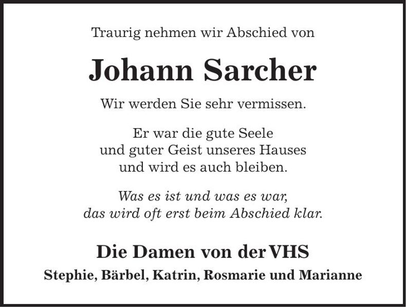 Traueranzeige Johann Sarcher