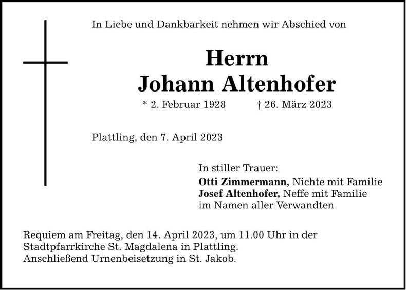 Traueranzeige Johann Altenhofer