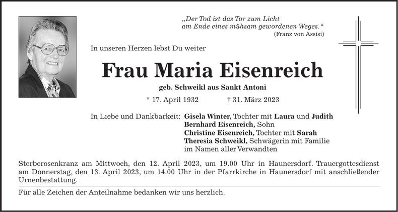 Traueranzeige Maria Eisenreich