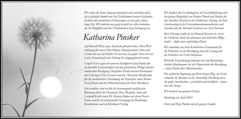 Traueranzeige Katharina Pinsker