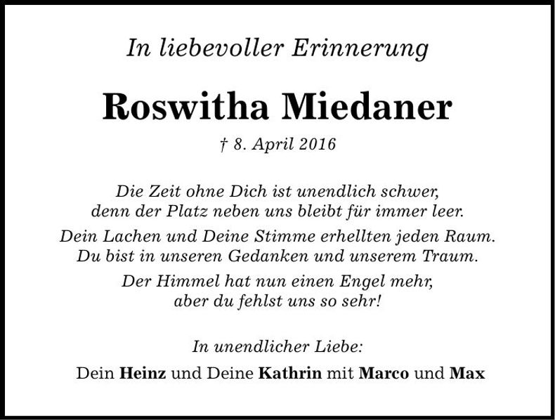 Traueranzeige Roswitha Miedaner