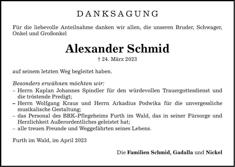Traueranzeige Alexander Schmid