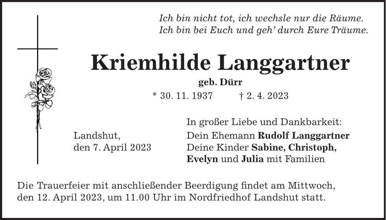 Traueranzeige Kriemhilde Langgartner