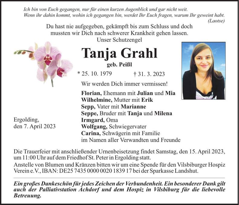 Traueranzeige Tanja Grahl