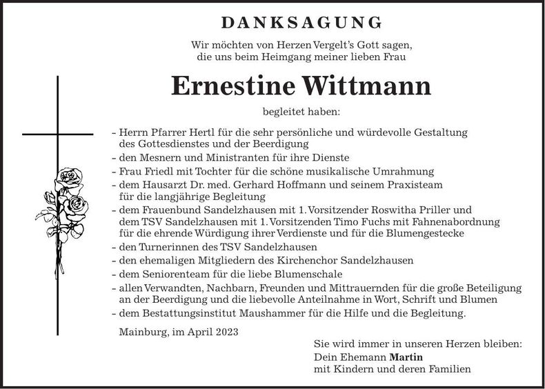 Traueranzeige Ernestine Wittmann