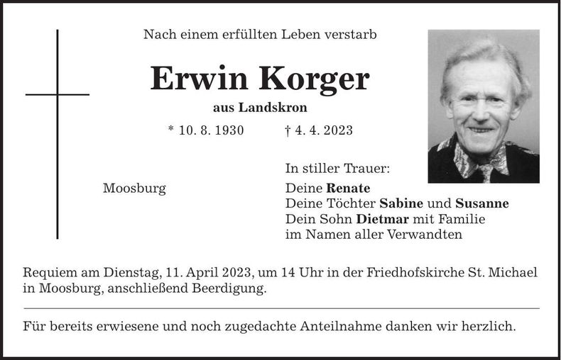 Traueranzeige Erwin Korger