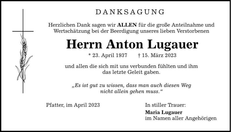 Traueranzeige Anton Lugauer