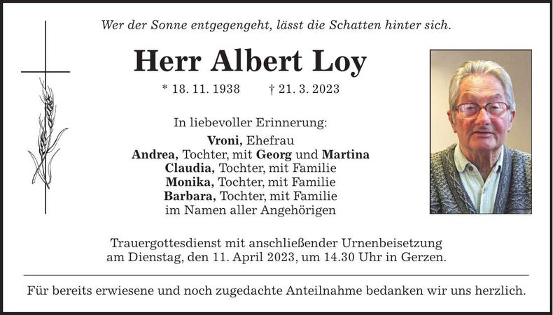 Traueranzeige Albert Loy