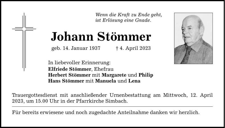 Traueranzeige Johann Stömmer