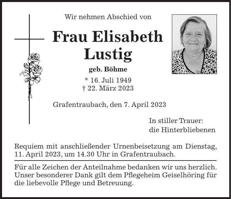 Traueranzeige Elisabeth Lustig
