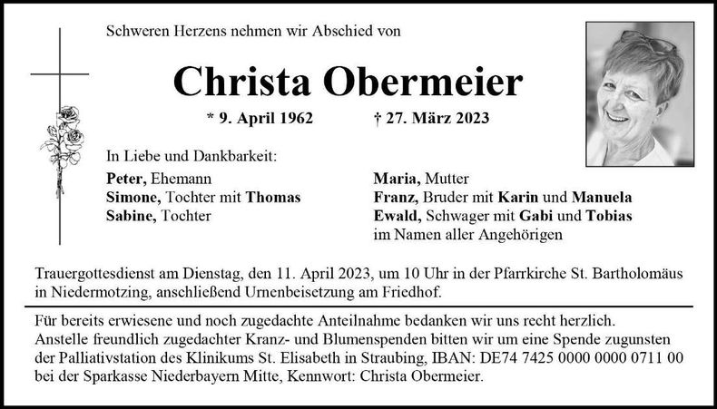 Traueranzeige Christa Obermeier