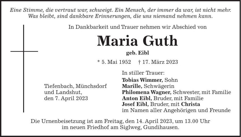 Traueranzeige Maria Guth