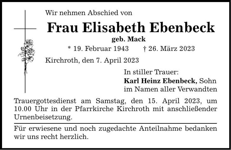 Traueranzeige Elisabeth Ebenbeck